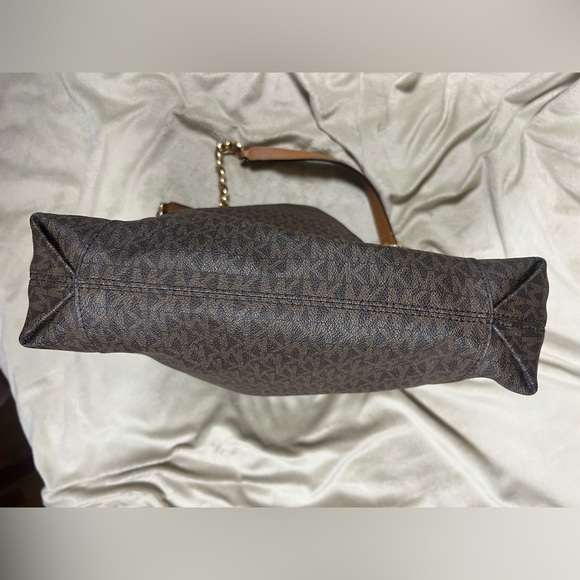 Michael Kors Brown Signature Logo Tote Gold Chain Shoulder Bag - Picture 4 of 11